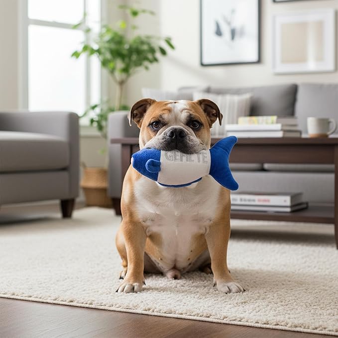 Vaulted Skulls & Co Gefilte Fish Dog Toy | Stuffed Squeaky Gefilte Fish Dog Toy | Jewish Themed Plush Dogs Toys | Realistic Animal Dogs Toys | Blue & White | Small/Medium Breed | 8"