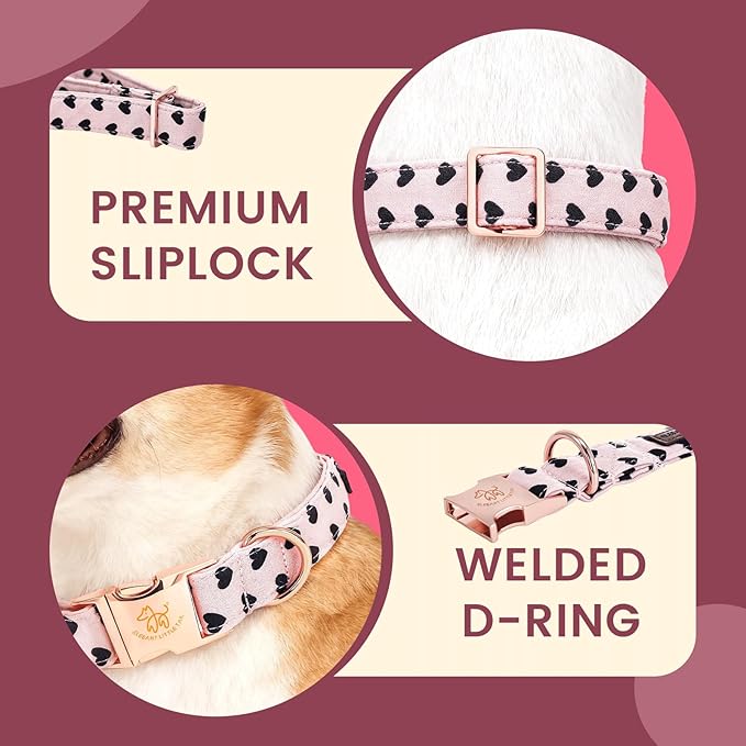 Elegant little tail Valentine's Dog Collar - Pink Black Heart Dog Collars Bowtie Pet Collars with Sturdy Metal Buckle Puppy Adjustable Collar for X-Small Dogs