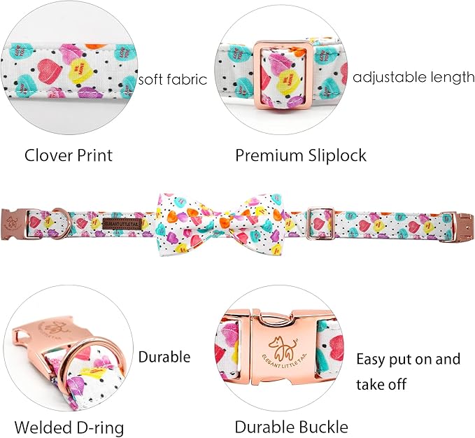 Elegant little tail Valentine's Dog Collar, Heart Dog Collar Cute Girl or Boy Puppy Collars Bowtie Pet Gift Adjustable Pet Collars for Small Dogs