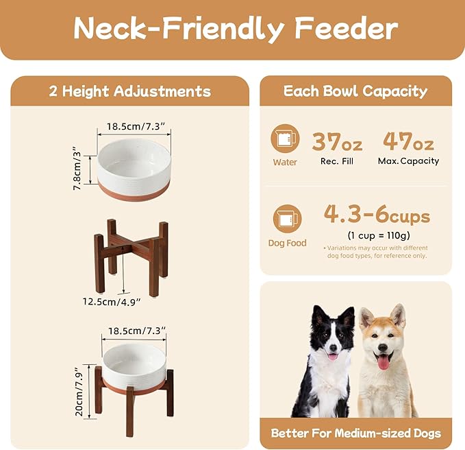 Ceramic 7.3inch Raised Dog Bowl Set, Elevated with Acacia Wood Stand, Food and Water Bowl for Medium Breed Dogs, Weighted Pet Dishes(41oz, Vanilla White)