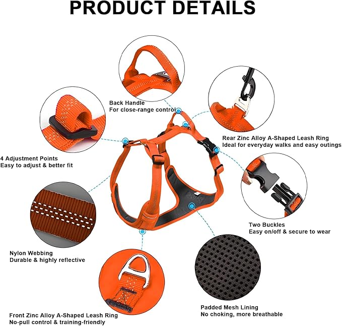 No Pull Dog Harness for Medium Dogs, Adjustable, Reflective Breathable Padded Vest with 2 Metal Leash Clips and Handle for Control or Car Seatbelt Use, Orange, M