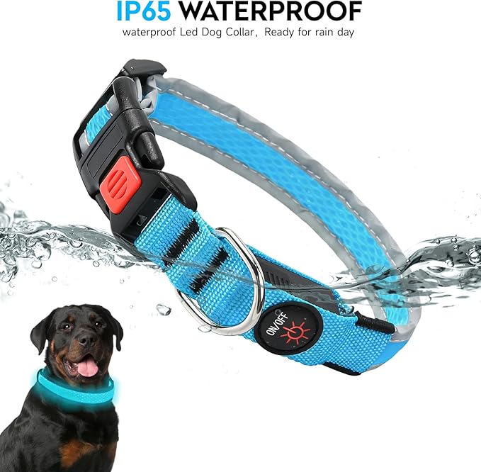 LED Dog Collar, Light Up Dog Collar USB Rechargeable, Nylon Adjustable Comfortable Soft Bright RGB 7 Colors Changeing Safety Light Glowing Collar for Medium and Large Dogs(Large,Blue)