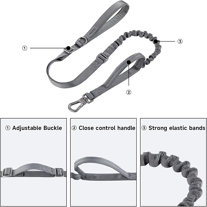 EXCELLENT ELITE SPANKER Tactical Dog Leash Heavy Duty 5-6FT Adjustable No Pull Military Bungee Dog Leash Elastic Leads Rope with 2 Padded Control Handle for Medium Large X-Large Dogs(Gry)