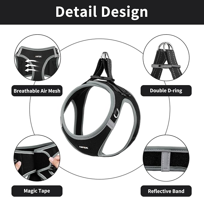 AMTOR Small Dog Harness with Leash Set, No Escape Easy Walk Puppy Harnesses for Training Walking, Step-in Reflective Soft Dogs Vest for XS S Medium Extra-Small Large Sized Dog(XXS,Black/Grey)