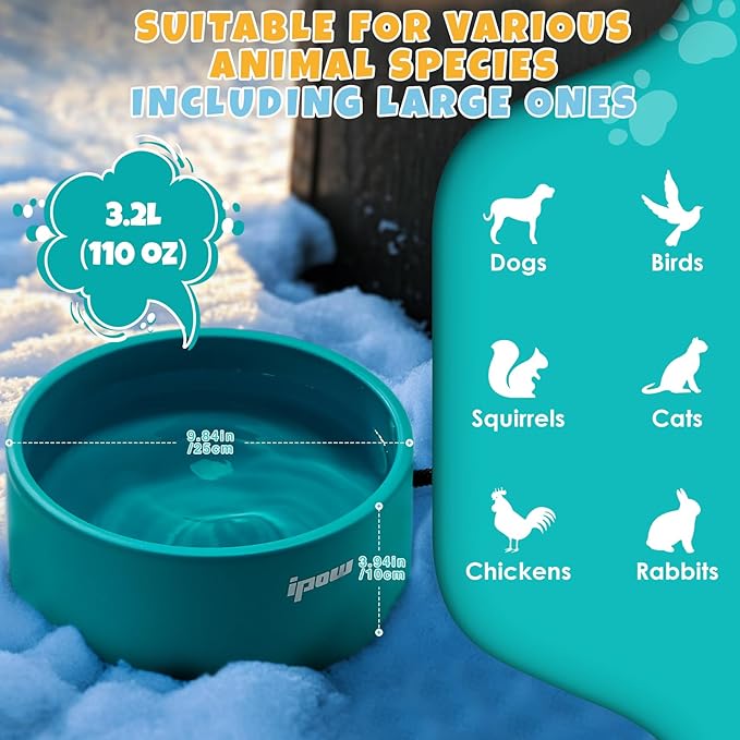 IPOW Pet Heated Bowl - Keep Water Warm for Furry Friends, Safe & Durable Outdoor Dog Bowl, Perfect for Cold Weather, Anti-Slip & Spill-Proof Automatic Warming, Blue