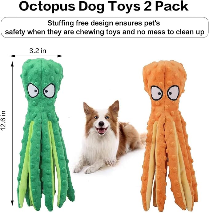 Dog Squeaky Toys Octopus, No Stuffing Crinkle Plush Dog Toys for Puppy Teething, Durable Interactive Dog Chew Toys for Small to Medium Dogs Training and Reduce Boredom (2 Pack)
