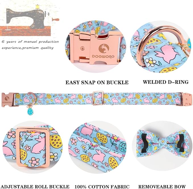 DOGWONG Easer Dog Collar with Bow,Blue Bunny Easter Dog Collars, Adjustable Durable Soft Flower Easter Dog Collar for Male Female Puppy,S