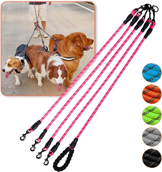 4 Way No Tangle Dog Leash - 360° Swivel Leash for Four Dogs, Reflective Design for Small Medium Large Dogs (Pink, 4 Way)