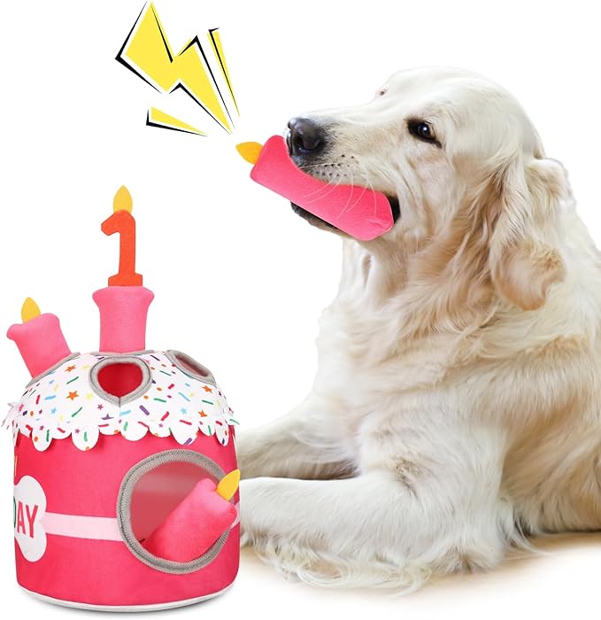 Dog 1st Birthday Cake Toy Squeaky Interactive Dog Toy Hide and Seek Plush Dogs Puzzle Puppy Toys for Boredom Keep Them Busy for Small Medium Dogs(Pink)