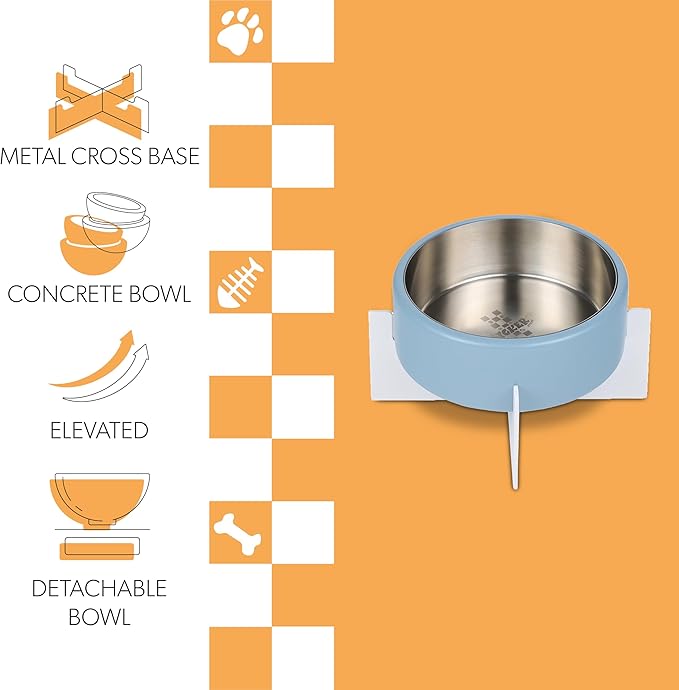 DBL3000C Intersecta Small/Medium Concrete and Stainless Steel Bowl 16oz (2 Cups) with Metal Stand Pet Feeder, Blue/White