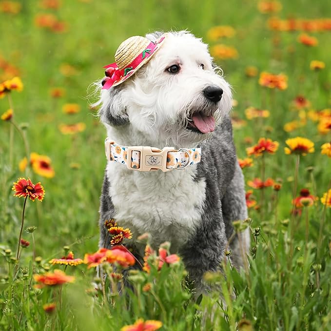 Elegant little tail Dog Collar with Leash, Sunflower Print Pet Collar Leash Adjustable Collar for Small Medium Large Dogs Soft Puppy Collars with Quick Release Buckle Girl Boy Dog Collars