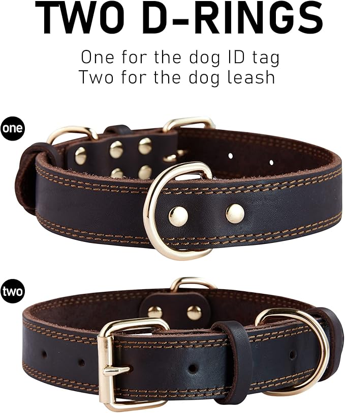 Genuine Leather Dog Collar, Heavy Duty Wide Dog Collar for Small,Medium, Large and Extra Large Dog (L: 1.2" Wide for 17"-23" Neck, Dual Stitch - Brown)