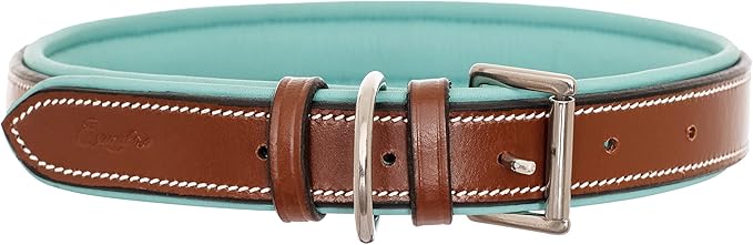 Exion Geniun Leather Dog Collar Designer Stitched Soft Leather Padded- Suitable for Small Medium Large X-Large Dogs for Walking Running- Conker with Sky Blue Padding