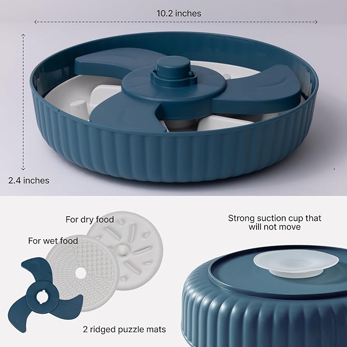 MalsiPree Spinning Slow Feeder Dog Bowl, Anti-Choke Non-Slip Feeding for Small & Large Breeds with 2 Puzzle Mats, Blue - Dog Bowls - Puzzle Feeder - Slow Feeders