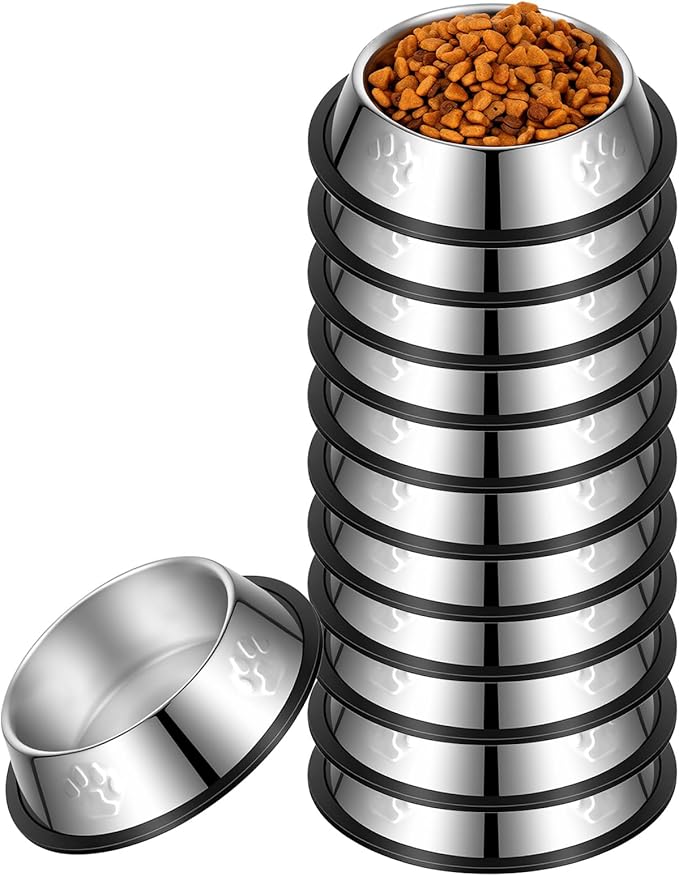 12 Pack Stainless Steel Pet Bowls with Non-Slip Base - 7oz Small Dog & Cat Feeding Bowls, Shallow Metal Food and Water Dishes for Kittens, Puppies, Rabbits (Silver)