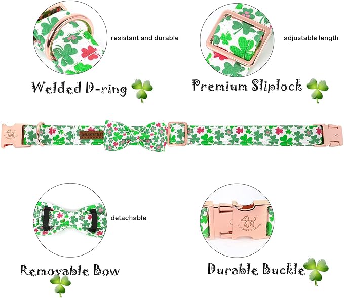 Elegant little tail St Patrick's Dog Collar - Green Lucky Clover Cotton Shamrock Pet Collar Bowtie Cute Collars with Bow Adjustable Pet Collars for Medium Dogs