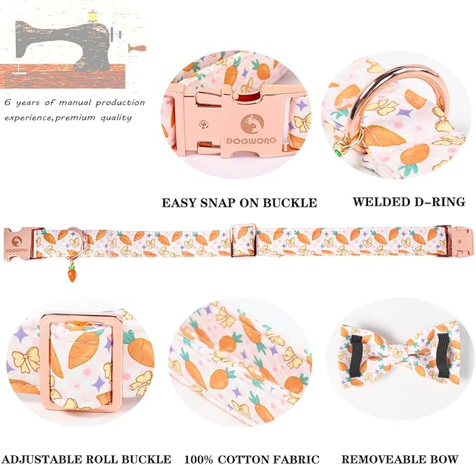 DOGWONG Easer Dog Collar with Bow,Pink Easter Dog Collar, Adjustable Durable Soft Carrot Easter Dog Collars for Male Female Puppy,M