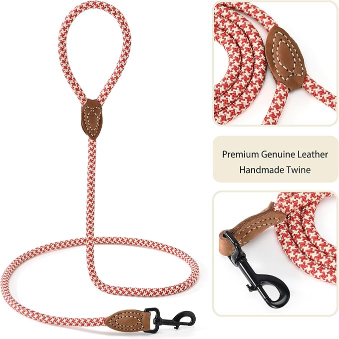 Mile High Life | Mountain Climbing Dog Rope Leash with Heavy Duty Metal Sturdy Clasp | Genuine Leather Tailored Connection with Strong Stitches (Red Khaki1, 48 Inch (Pack of 1))