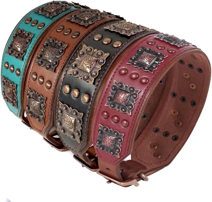 PET ARTIST Genuine Leather Dog Collar for Large Dogs, 2 inch Wide Dog Collar Leather with Rivet Studded & Metal Buckle, Soft Padded & Hand Made for Great Dane Rottweiler,Red,Neck 22-25"