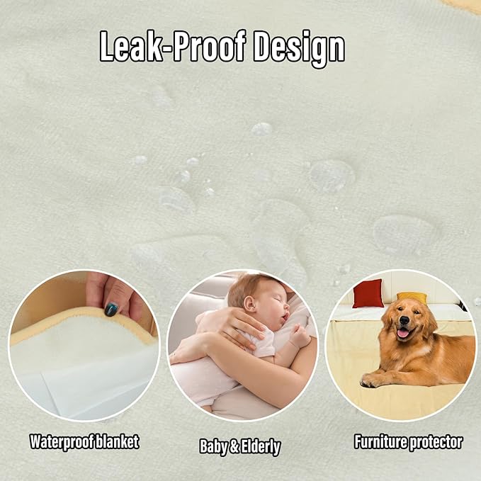 Waterproof Blanket for Bed Couch Sofa, Reversible & Reusable Cat, Dog Blanket Waterproof Washable, Small Water Resistant Blankets, Leakproof (40"x60", Warm Yellow/Warm White)