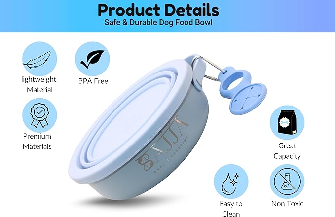 Blue Slow Feeder Travel Dog Bowl Set | 30oz Stainless Steel + 20oz Collapsible Silicone Dish | Water Bottle Holder| Non-Slip, Anti-Choking, BPA-Free | We Give Back