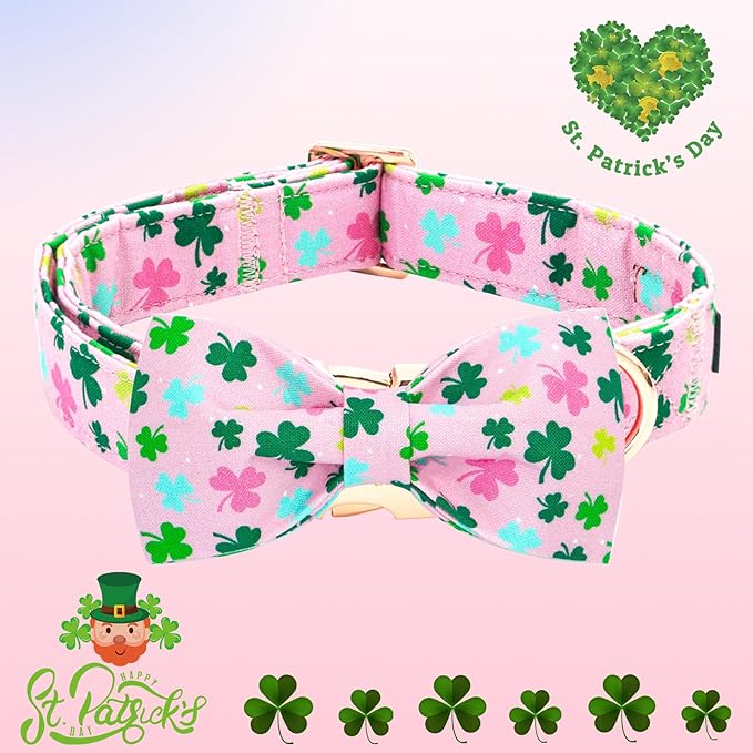 Elegant little tail St Patrick's Dog Collar, Lucky Colver Cotton Shamrock Pet Collar Trefoil Puppy Collar Bow Holiday Adjustable Cotton Pet Collar with Bow for Small Medium Large Dogs