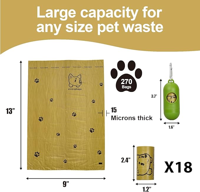 Dog Poop Bags With Dispenser, Strong and Leak-proof Waste Bags for Pets, Floral Scented, 270 Count (18 Packs of 15), 13 Inch x 9 Inch (Khaki)