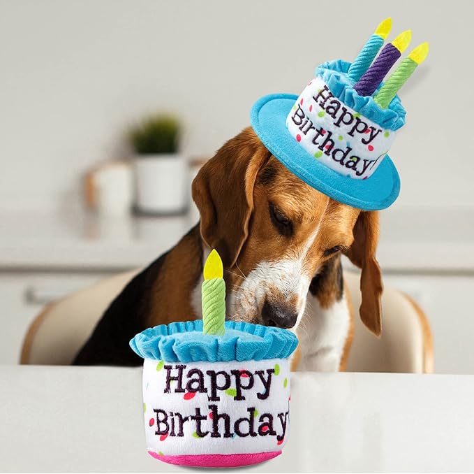 Dog Birthday Cake Toy, Happy Birthday Cake Shaped Squeaky Dog Toys for Medium & Large Dogs Funny Dogs Gifts Plush Dog Party Toys, Large, Blue