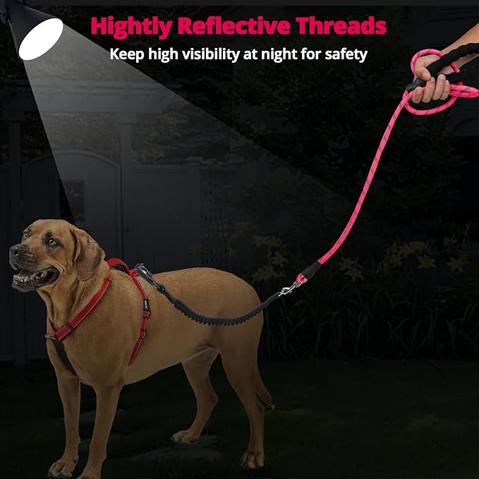 Long Dog Leash 15 FT: Heavy Duty Rope Leashes for Dogs Training with Swivel Lockable Hook Reflective Threads Bungee and Padded Handle - Dog Lead for Large Small Medium Dogs Outside Walking Hiking Pink