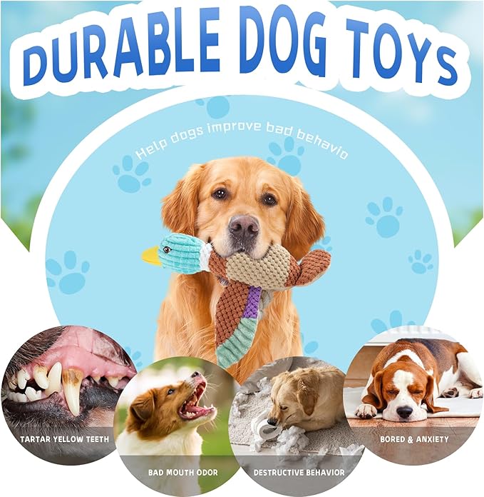 Duck Dog Toys for Aggressive Chewers, Squeaky Crinkle Plush Puppy Chew Toy with Rope Legs for Small Medium Large Dogs, Stuffed Duck Dog Toy for Teething, Tug