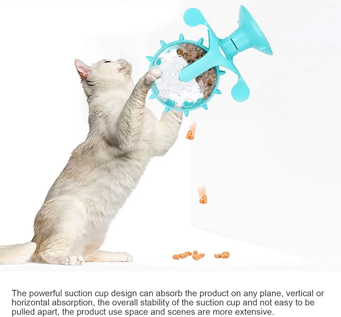 GLOGLOW Interactive Cat Treat Leaking Toy, Windmill Treat Dispensing Cat Puzzle Food Interactive Toy Kitten Puppy Slow Feeder Snacks Distribution with Powerful Suction Cup(Blue)