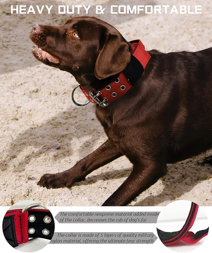 Red Large Dog Collar - 2 inch Wide Heavy Duty Collar with Handle for Extra Large Breed Dogs, Strong Nylon Indestructible Tactical Collar for German Shepherd, Pitbull, Rottweiler 19-23.5 in