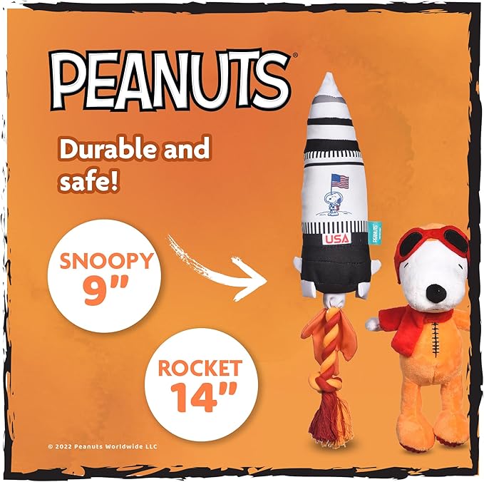 Peanuts for Pets Space Explorer Snoopy Plush and Rocket Ship Rope Tug Dog Toy Set, Squeaky Puppy Toys, Stuffed Animal, Ideal for Dog Birthday, Small and Large Dogs