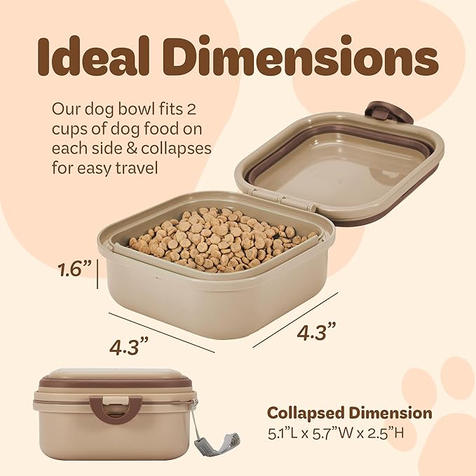 Collapsible Dog Water Bowl 30oz, 2 in 1 Portable Travel Dog Food Bowl with Lid, Easy Carry Loop Handle, Foldable Dog and Cat Food Bowl, Perfect for Traveling, Walking, Hiking (Khaki)
