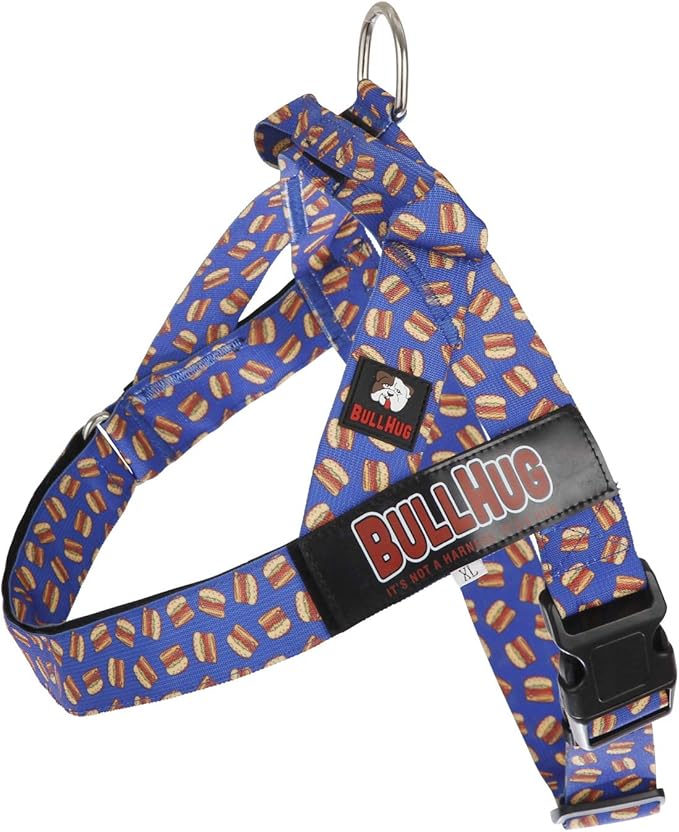 BULLHUG Adjustable Dog Harness– No Pull, No Choke – for English Bulldogs, French Bulldogs, Pugs & Broad-Chested Breeds – Easy, Safe Walks (Blue Burger, Medium)