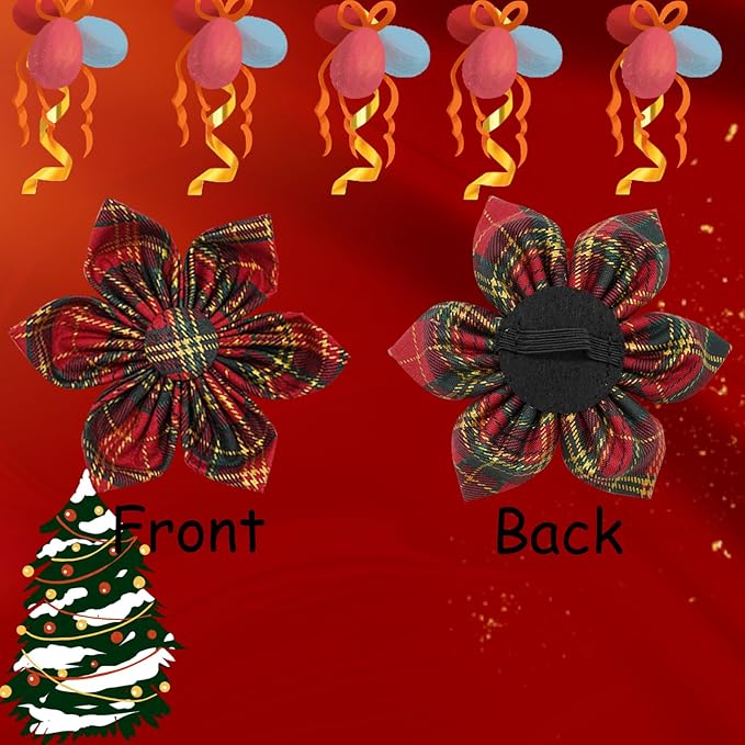 Elegant Little Tail Dog Collar with Red Plaid Christmas Pattern, Flower Dog Collar for Small Dogs
