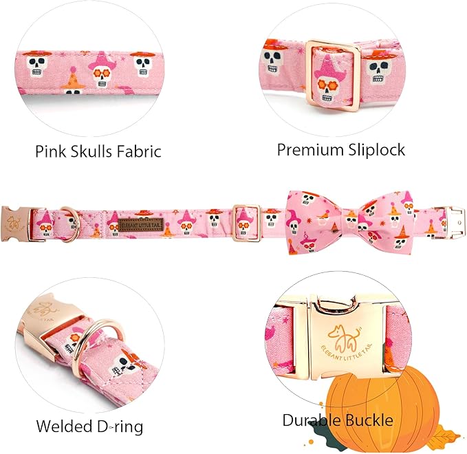 Elegant little tail Halloween Dog Collar, Skull Print Pet Collars with Bow Puppy Collar Bowtie Female or Male Cotton Adjustable Collars for Small Medium Large Dogs