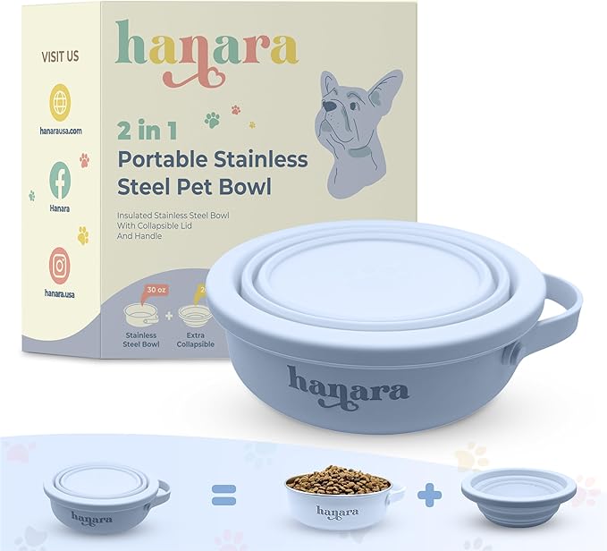 HANARA 2-in-1 Insulated Dog Bowl with Collapsible Lid & Handle – Stainless Steel, Non-Slip Rubber Base – Portable Pet Water & Food Bowl for Dogs & Cats – 30 OZ + 20 OZ – Indoor & Outdoor (Blue)
