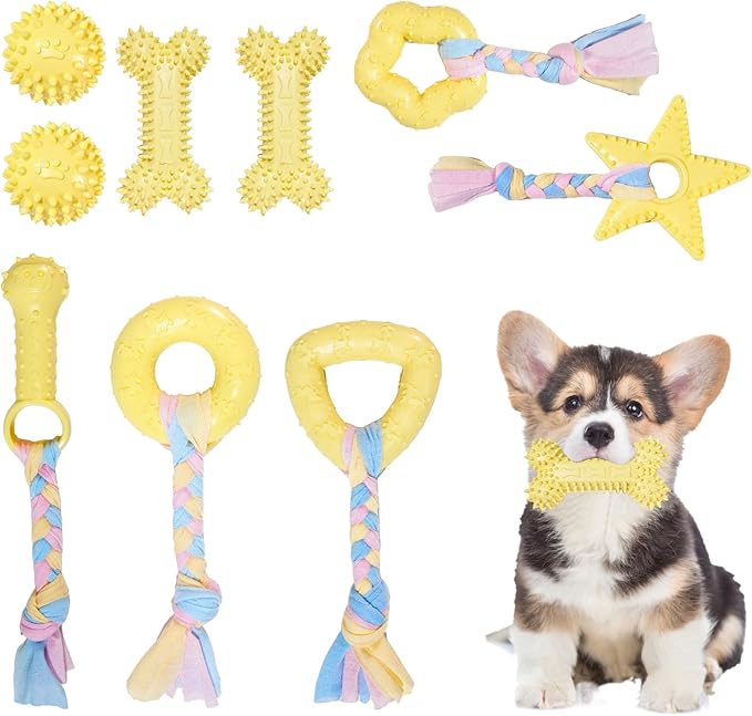 Puppy Toys, Puppy Teething Toys, 9 Pack Soft Durable Rubber Interactive Pink Puppy Chew Toys for Teething to Soothe Gums and Keep Busy, Cute Puppy Essentials (Yellow)