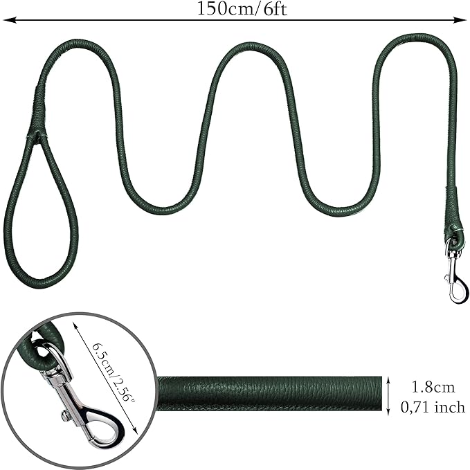 OOPSDOGGY Rolled Leather Dog Lead 6ft Heavy Duty Training Leash for Small Medium Large Dogs & Puppy Black Brown Red (Green, Large)
