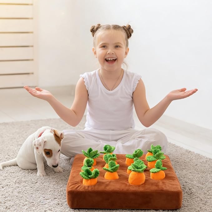 Carrot Dog Toy, Puppy Puzzle Including Snuffle Mat and Removable Soft Carrots Toy Stimulating Fun Cute Interactive Game for Small Dog Brain Training Enrichment Foraging Skill