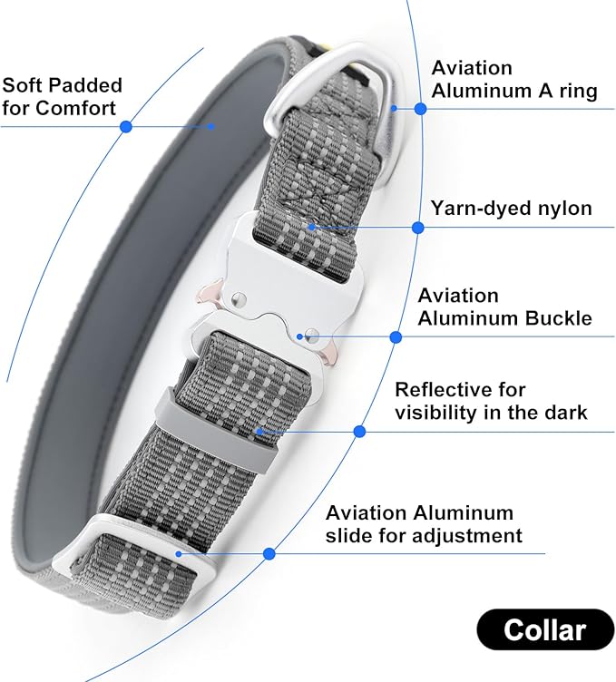 Plutus Pet Reflective Dog Collar with Aviation Aluminum Buckle, Neoprene Padded for Comfort, Lightweight, Heavy Duty Nylon Collar for Puppy Small Medium Large Dogs (Gray, S)