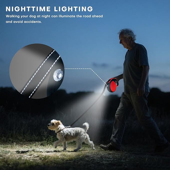Retractable Dog Leash with LED Light Rechargeable,16Ft Heavy Duty Dog Leash for Medium Large Dogs up to 110lbs,360°No Tangle,One-Handed Brake,Pause,Lock(Red)