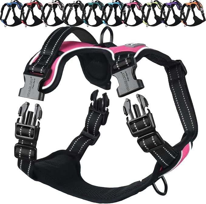 VIVAGLORY Dog Harness Easewalk No Pull Dog Harness with Handle Front Clip & Back Clip for Training Walking Lifting, No Pull Adjustable Easy On Padded Comfortable for Pet, S, Pink - Plain