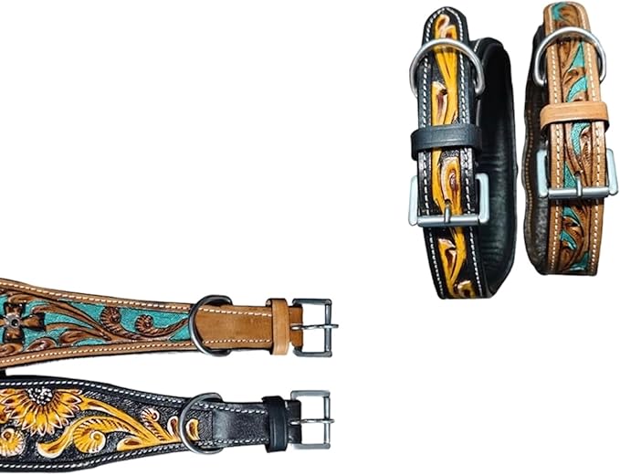 Majestic Ally Genine Leather Dog Collar with Adjustable, Padded Fit for Walking, Hiking, and Running, Designer Western Wear for Puppies, Fancy Customized Colors (Black - Yellow, Medium)