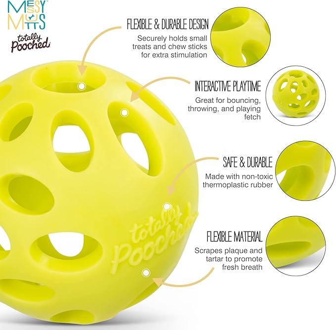 Messy Mutts Totally Pooched Huff'n Puff Ball | 3.1” TPR Puzzle Ball for Dogs | 2-in-1 Interactive Toy and Tooth Cleaner | Green