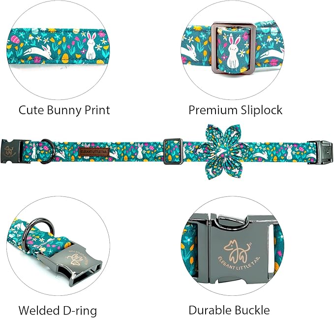 Elegant little tail Easter Dog Collar, Bunny Print Puppy Collar with Flower Girl Boy Pet Collars Flower Spring Holiday Dog Collar Adjustable Dog Collars for X-Small Puppy
