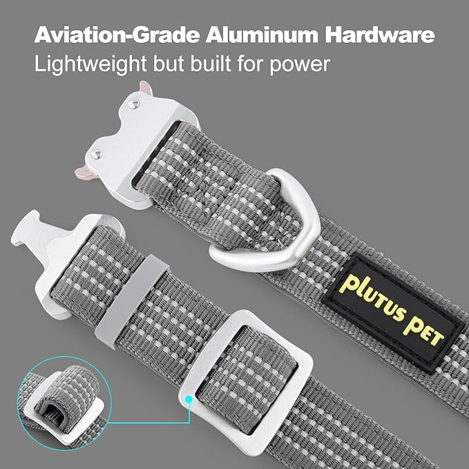 Plutus Pet Reflective Dog Collar with Aviation Aluminum Buckle, Neoprene Padded for Comfort, Lightweight, Heavy Duty Nylon Collar for Puppy Small Medium Large Dogs (Gray, L)
