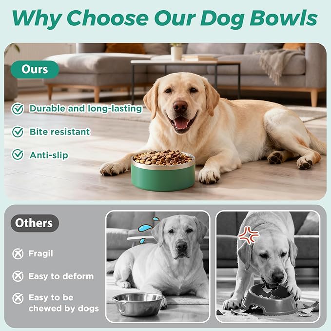 LIHONG Stainless Steel Dog Bowls for Small Medium Sized Dogs Non Slip,Insulated Dog Bowl,Pet Bowl for Food and Water,Rustproof(40oz,Deep Green)