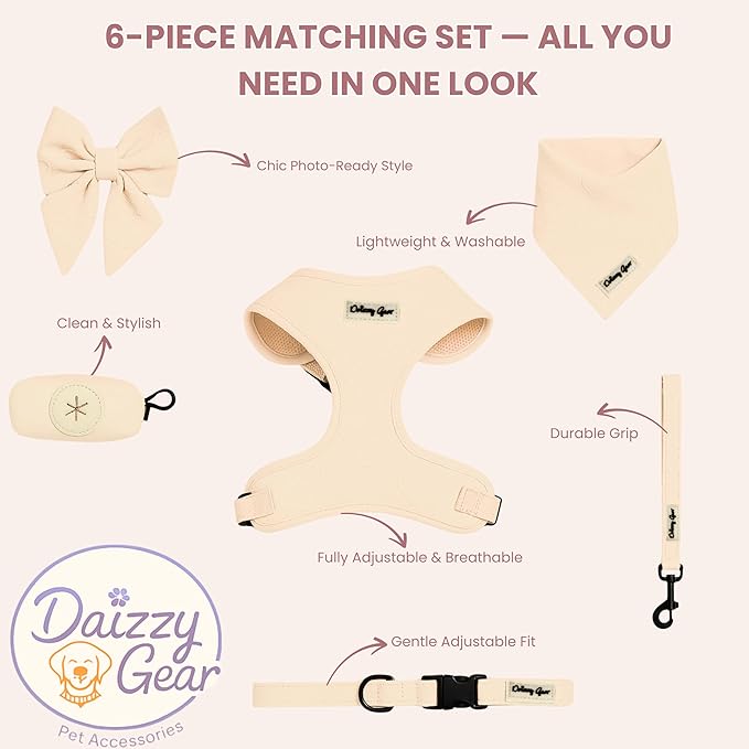 Medium Dog Harness Set – Cute No Pull, All Weather, Breathable Harness and Leash Set with Collar, Bandana, Sailor Bow & Poop Bag Holder – Adjustable, Soft & Stylish - Cream Hearts on Jacquard Fabric